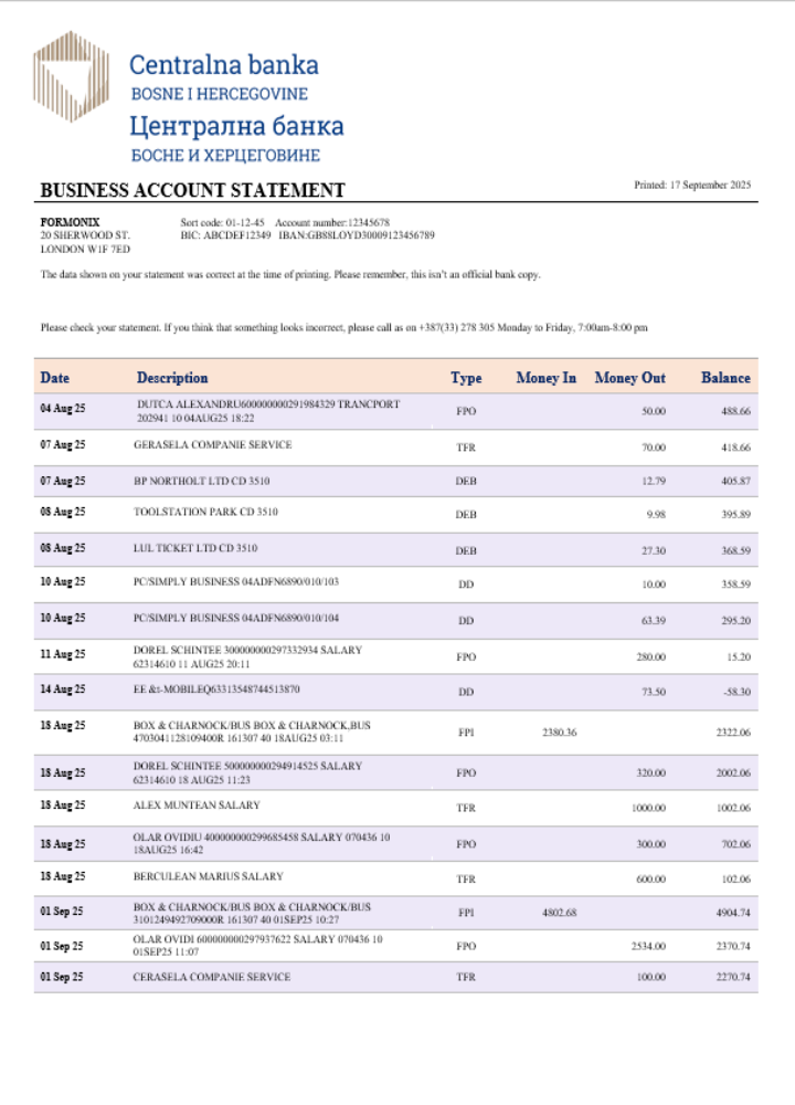 Relevé de la banque centrale d'affaires Format Word et PDF